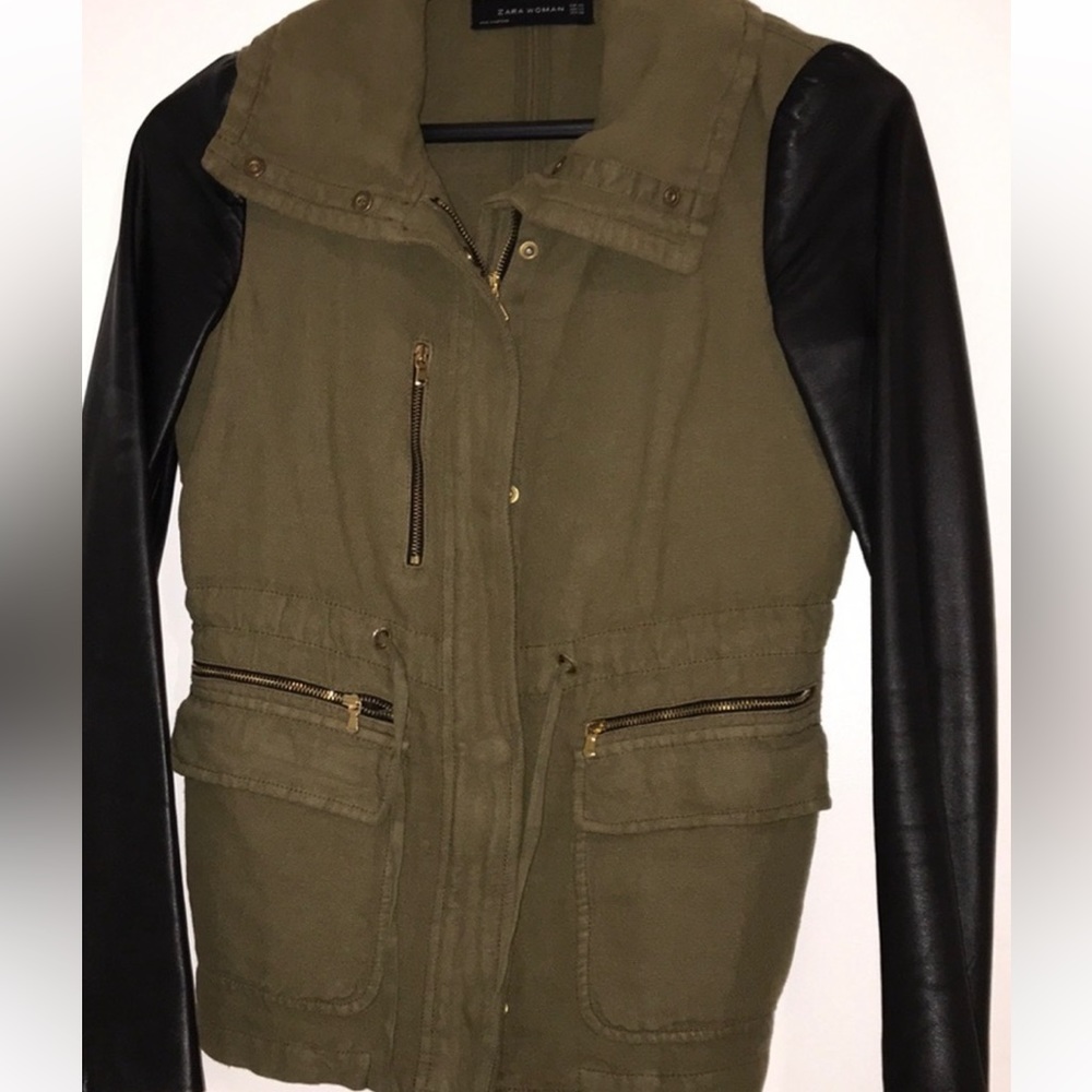 Military Green jacket. Gold zippers. Black Lambskin leather.